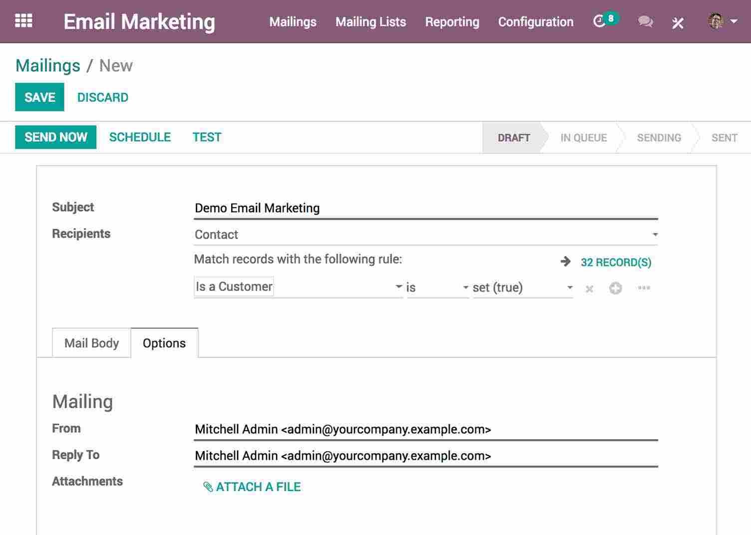 demo email marketing campaign with odoo