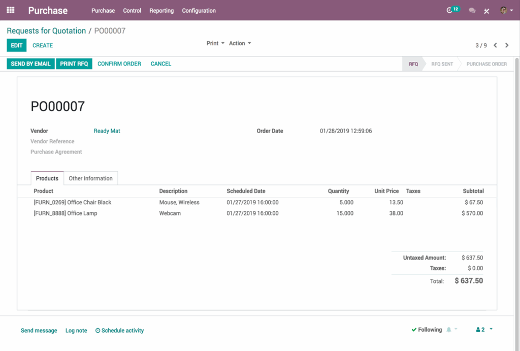 Odoo Purchase Management features overview
