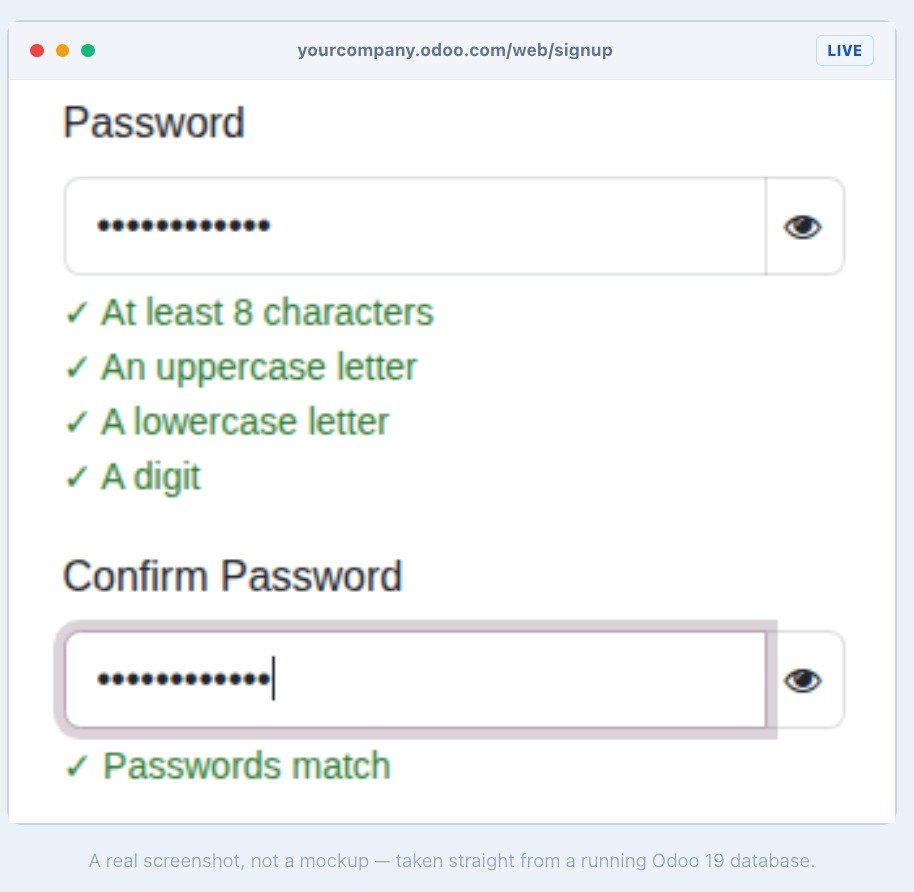 Odoo Password Policy live password checklist